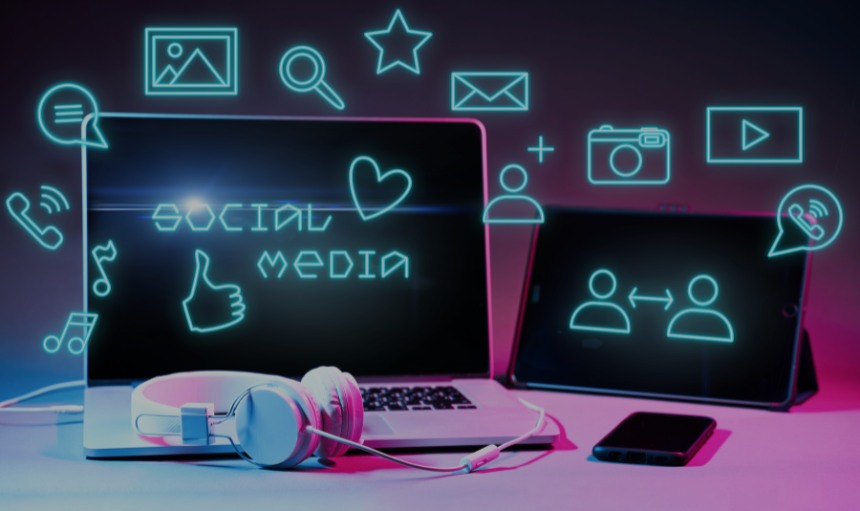 Social Media Marketing and Social Media Management images on computer, tablet and phone