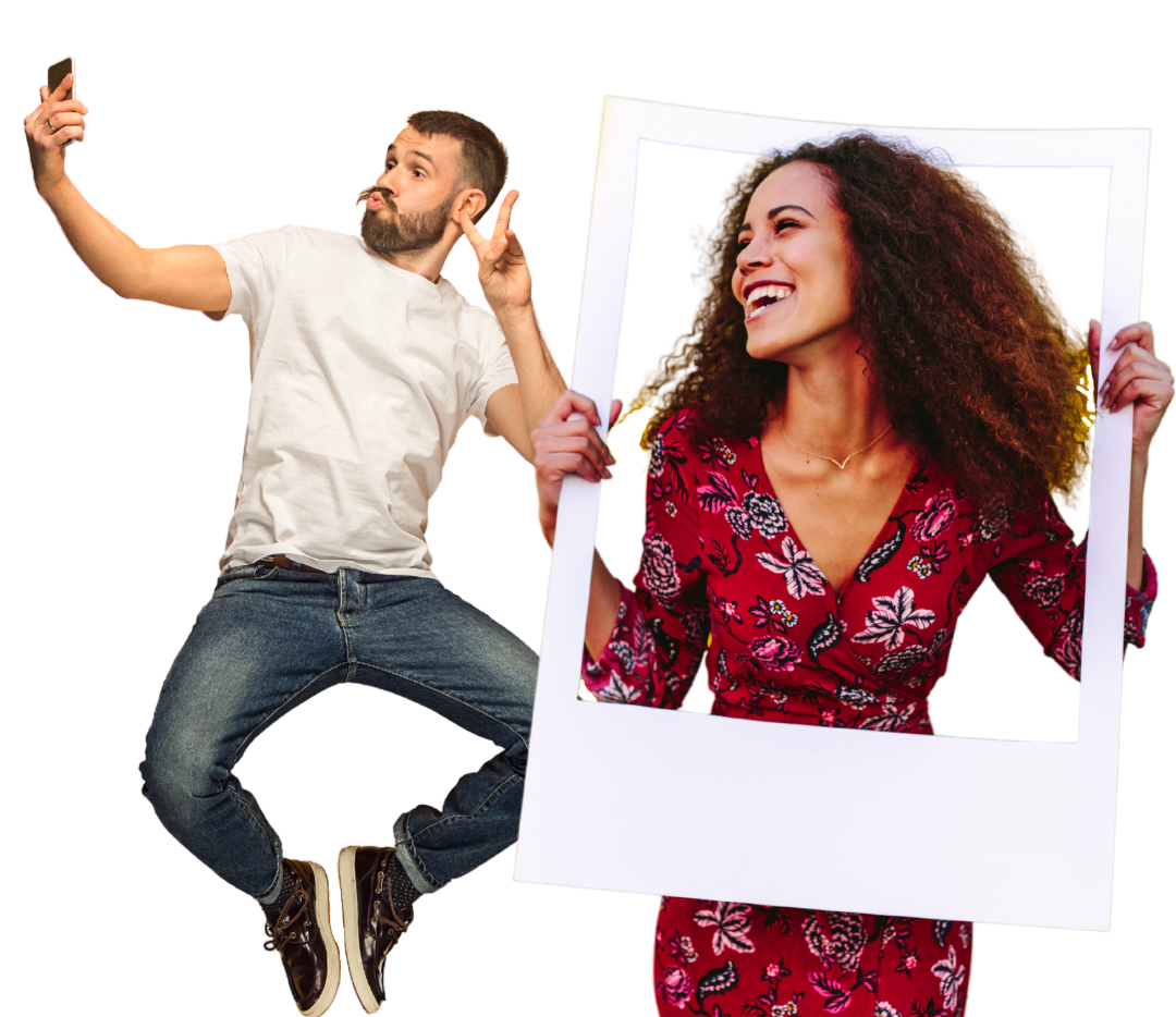 guy jumping taking a selfie with girl in frame